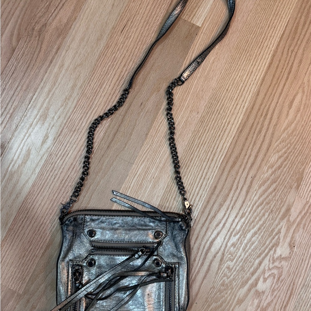 Botkier Metallic Silver Leather Crossbody Bag with Chain Strap